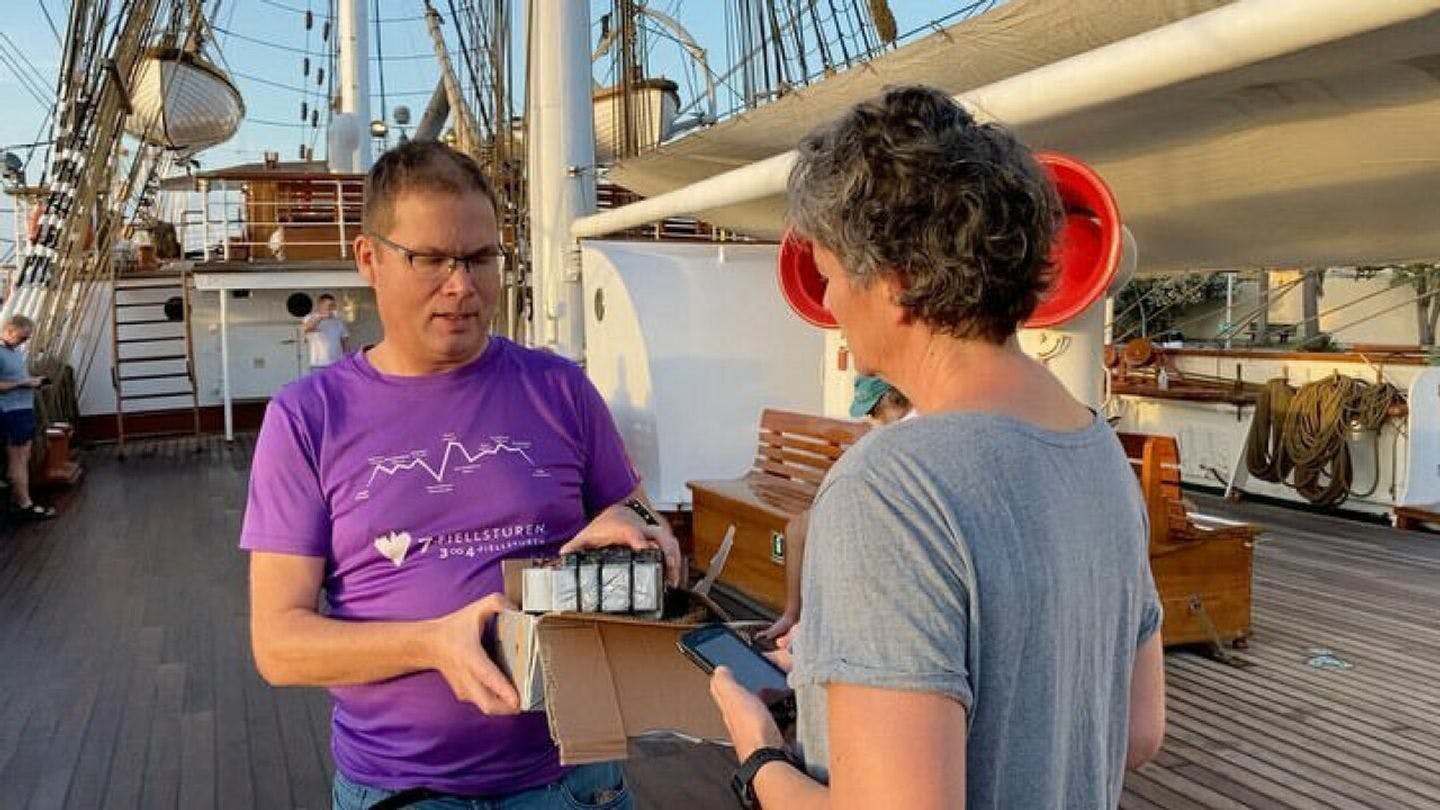 Senior researcher Lars R. Hole unpacks Floatenstein on board the Statsraad Lehmkuhl and prepares it for its voyage. Photo: Kerim Hestnes Nisancioglu