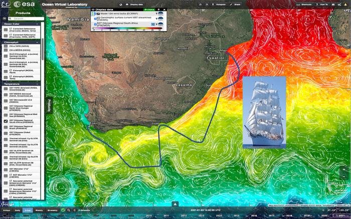 The planned route drawn on top of a map showing the Agulhas Current. Image: From the Joint Nansen Center - ESA  Advanced Ocean Synergy Training Course
