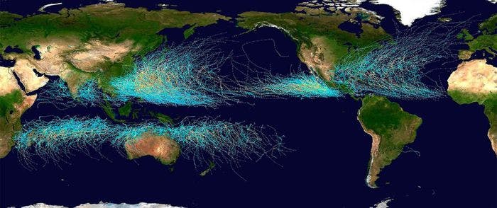 All de tropiske syklonene i årene 1985-2005. Kart: Wikipedia.