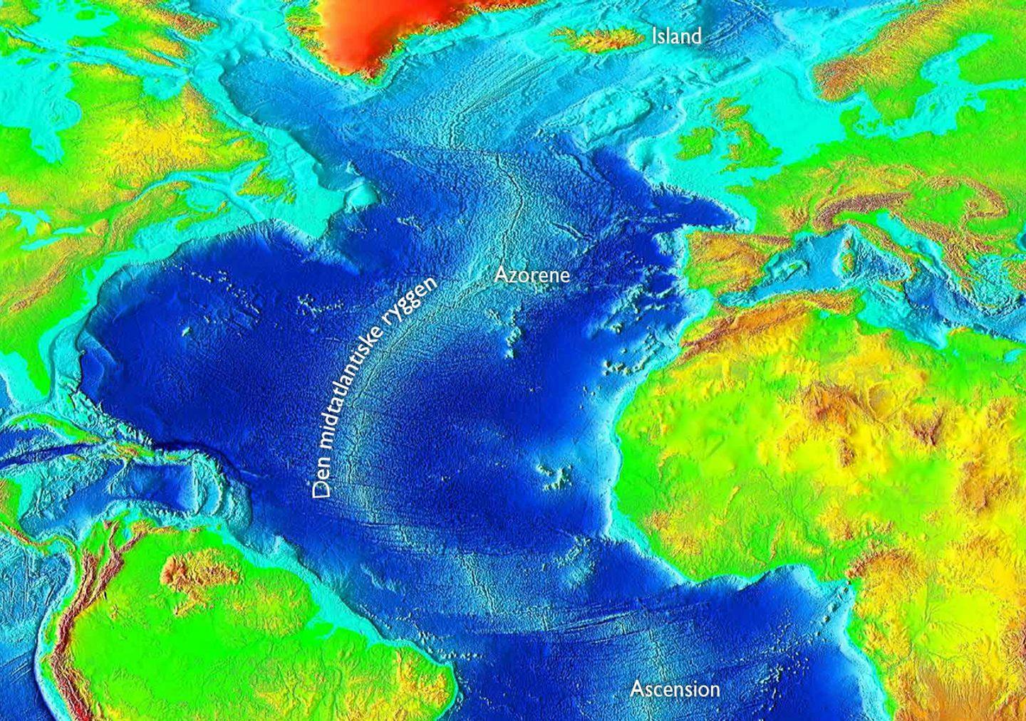 Den midt-atlantiske ryggen. Fargene viser høyde / dybde. Kart: NOAA