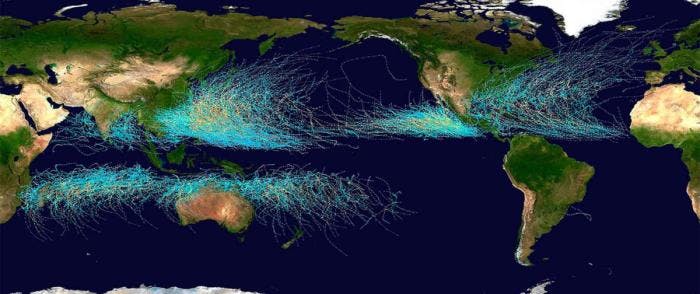 All the tropical cyclones in the years 1985-2005. Map: Wikipedia.