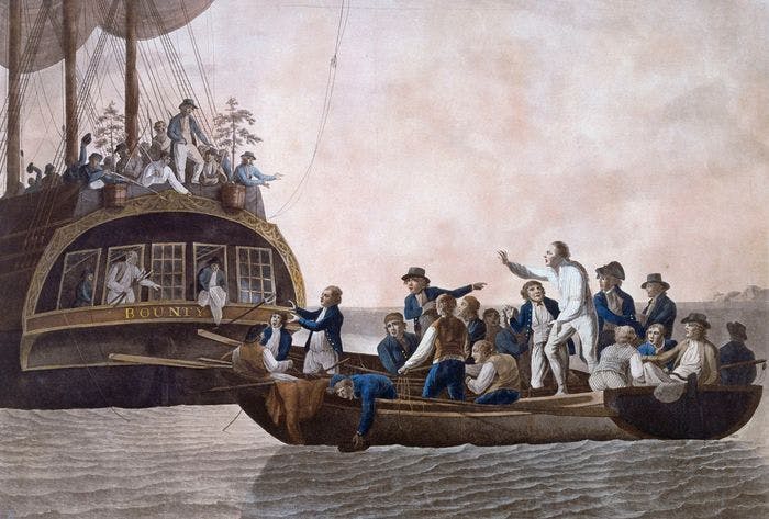 Fletcher Christian and the mutineers set Lieutenant William Bligh and 18 others adrift; 1790 painting by Robert Dodd.