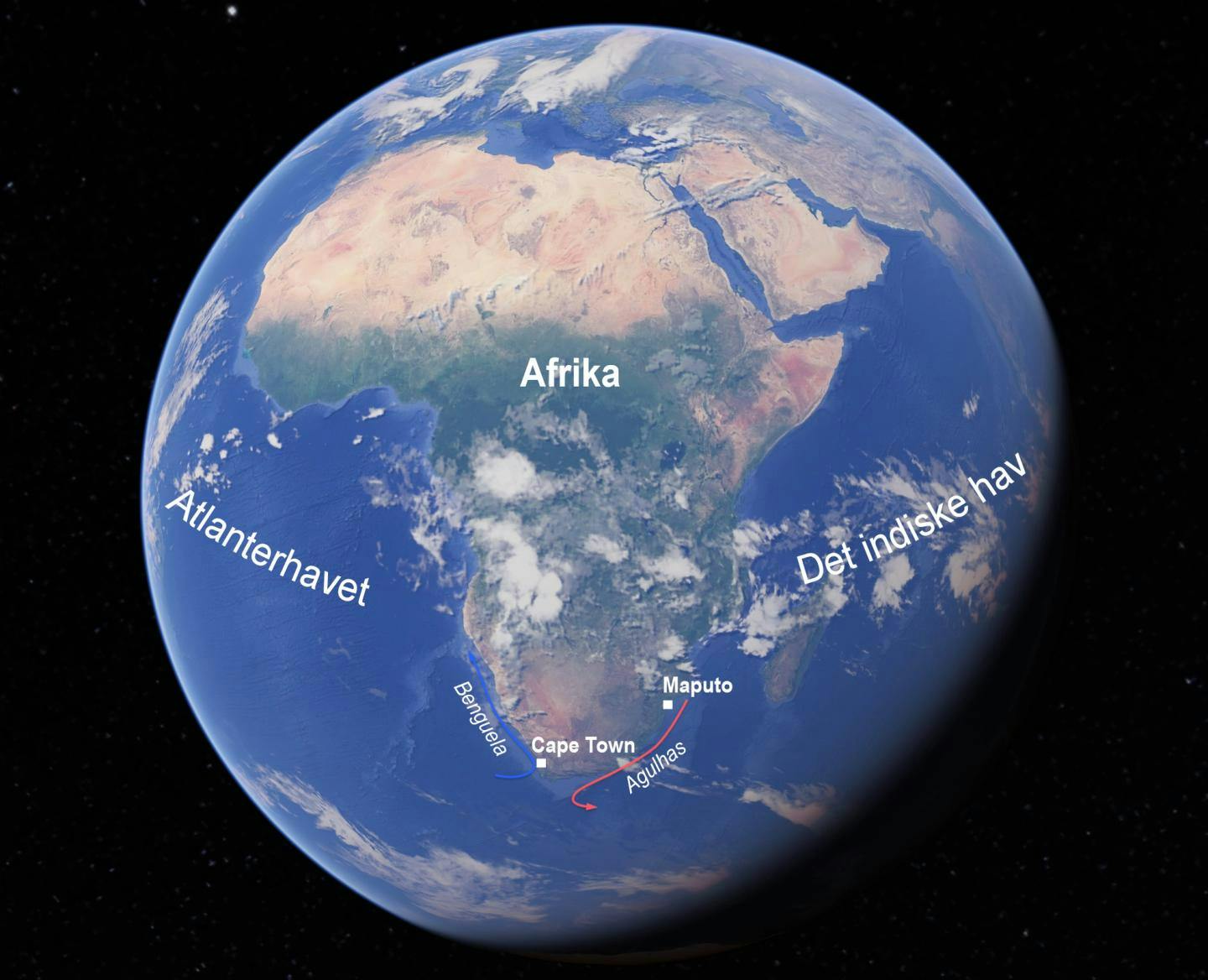 De to havene, og Agulhas- og Benguela-strømmen. Illustrasion: Google Earth / Ronald Toppe