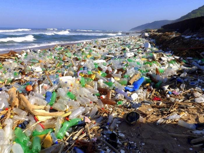 Plast har samlet seg opp på Cuttings Beach nær Durban. Hvert år dumpes det opp mot 250.000 tonn avfall i havområdene rundt Sør-Afrika. Illustrasjon: Fra The Joint Nansen Center - ESA  Advanced Ocean Synergy Training Course