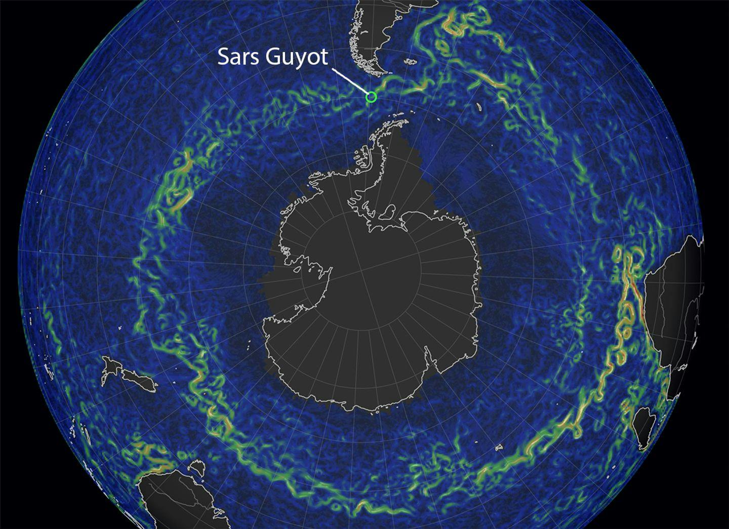 The green and yellow colours is the Antarctic circumpolar ocean current. Map: EarthNullschool