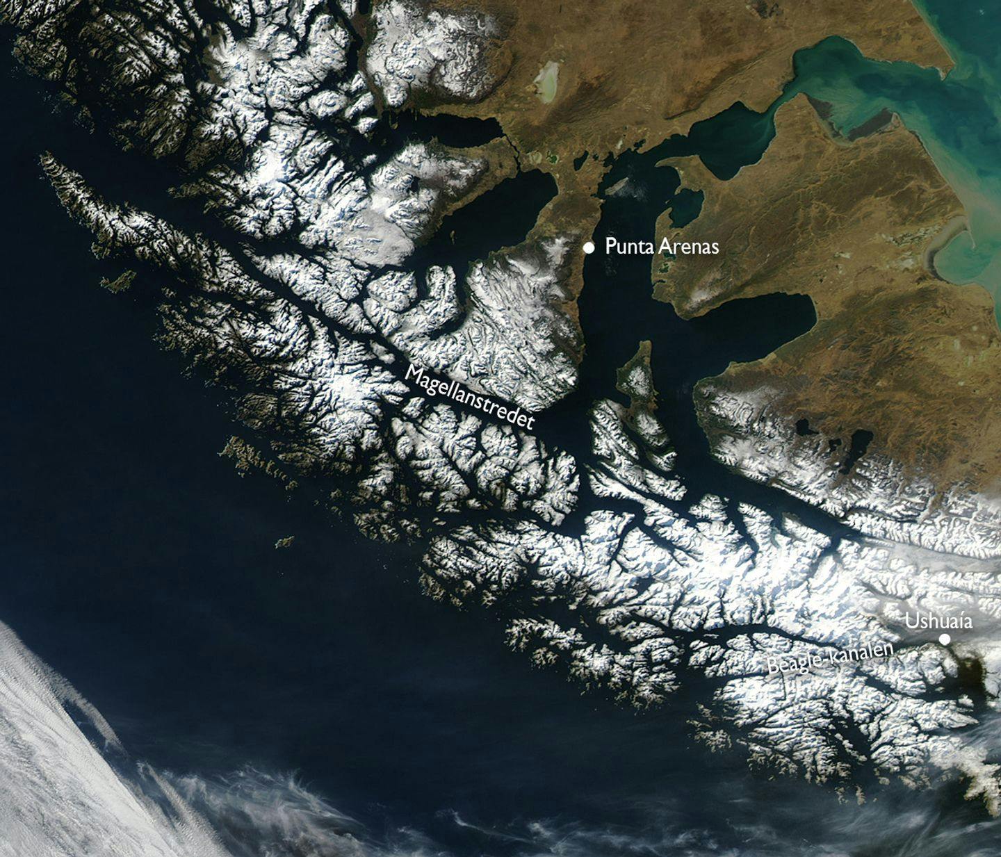 Satelittbilde av sørspissen. Foto: NASA / MODIS