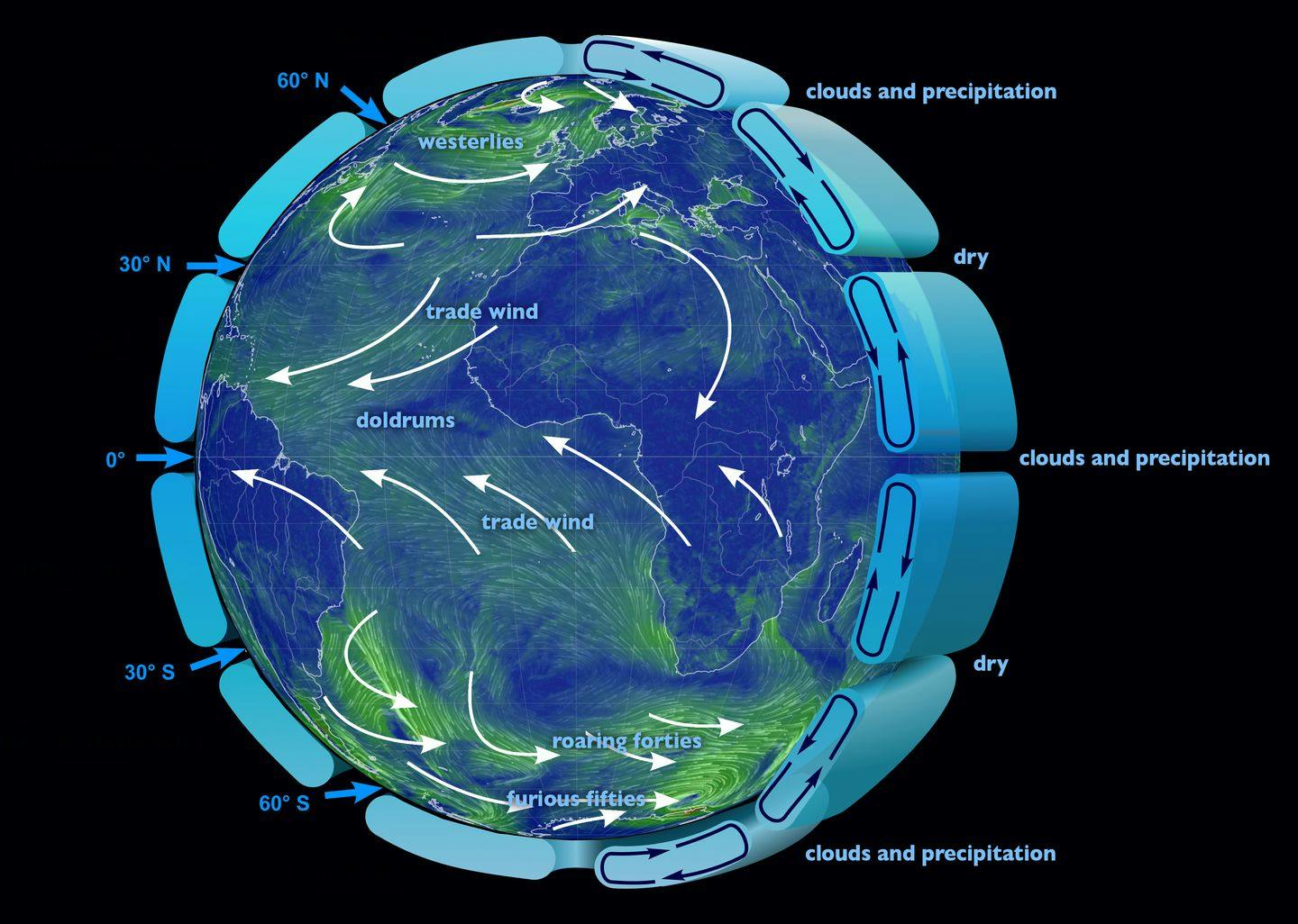 The large scale atmospheric circulation. Source: earth.nullschool / Wikipedia