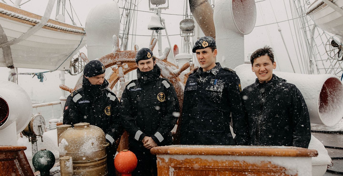 First day on board for cadets Elias Markussen, Kristian Knutsen, Filip Hoem and Sivert Karlsen. Photo: Hanna Thevik