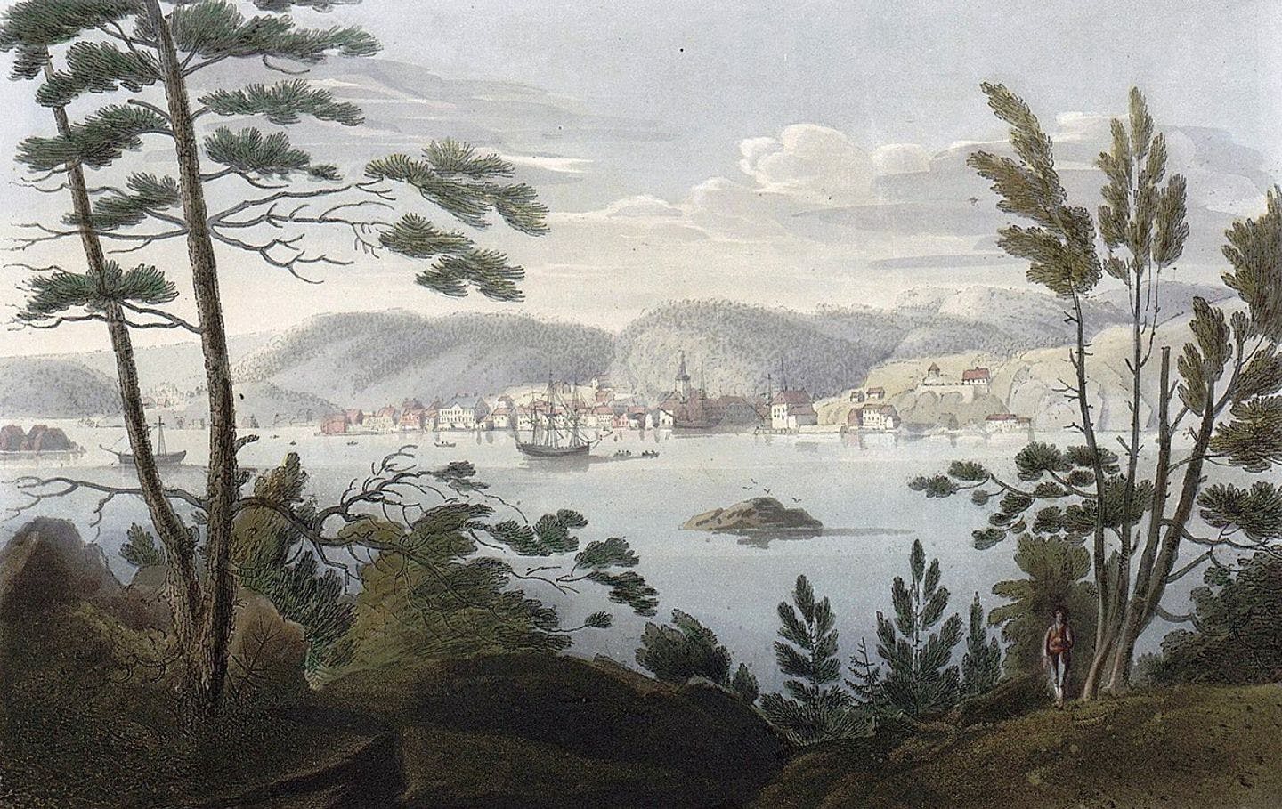 Arendal seen from Tromøya, painted by John William Edy in 1820.