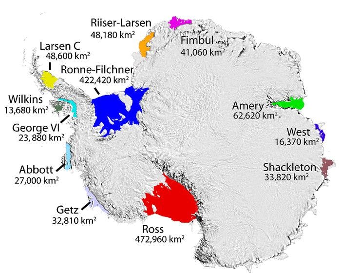 De største isbremmene i Antarktis. Illustrasjon: NASA 